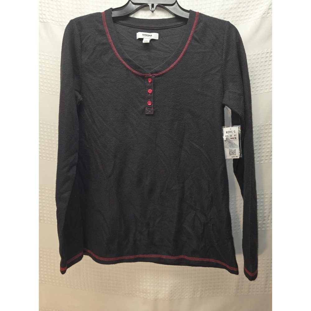 Sonoma Thermal Sleep Top Womens Small Black Waffle Knit Henley Long Sleeve NEW